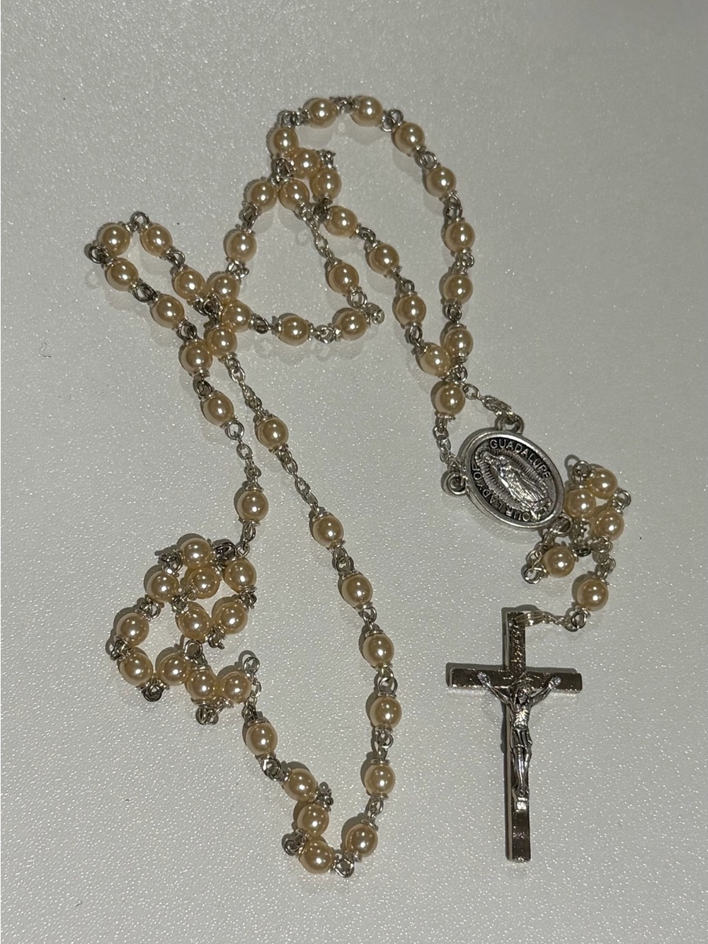 Pearl Bead Rosary Necklace with Silver Crucifix